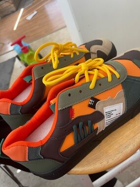 Kids Orange Multi-Color Athletic Sneakers with Yellow Laces